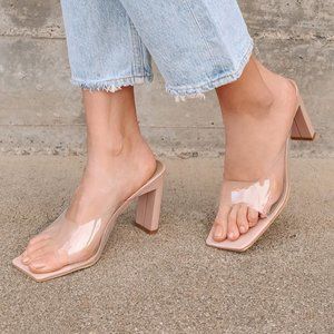 Aaryn Light Nude Patent Square Toe High Heel Sandals